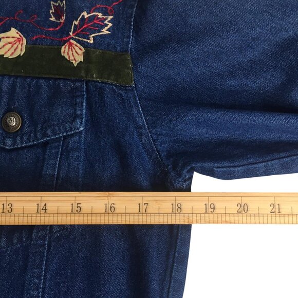 Rebecca Malone Denim Jacket Womens Small Blue Embroidered Leaves Velvet Trim - Picture 9 of 14